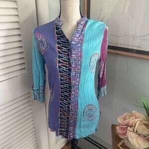 Soft Surroundings Tunic Petite Medium Blue Crinkle Artsy Bohemian Resort Chic